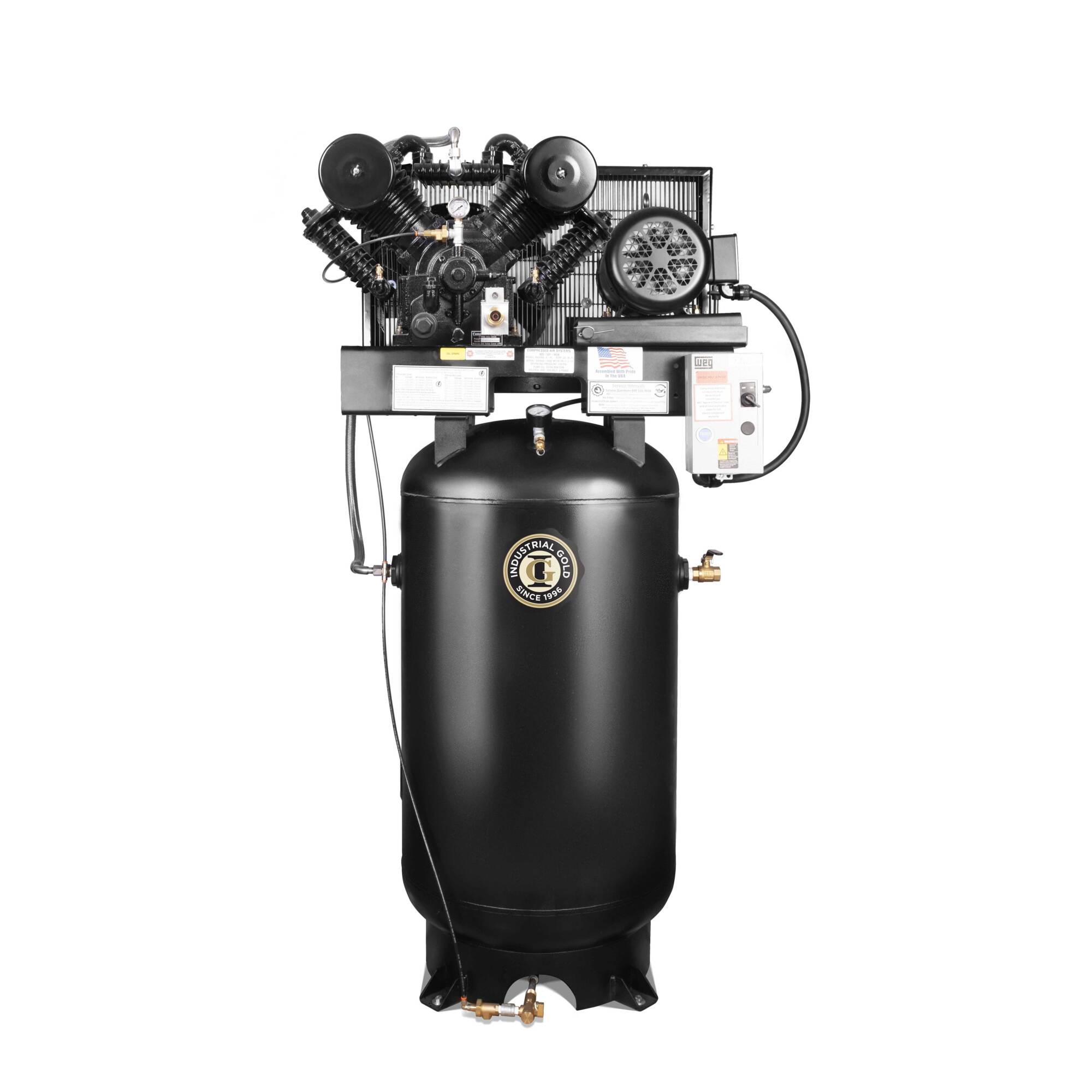 Industrial Gold Pressure-Lubricated Reciprocating Air Compressor — 7.5 HP, Two-Stage, 4 Cylinder V-Pump, 80-Gallon Vertical, 28 CFM @ 175 PSI, 208-230/480 Volt, 3 Phase, Model# CI7523E80V-CI10PL